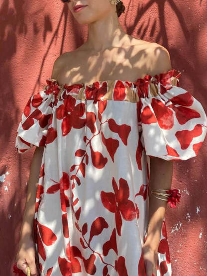 Casual Floral Print Off-Shoulder Puff Sleeve Maxi Dress