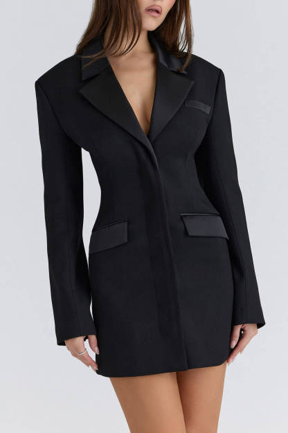 Elegant Satin Lapel Trim Hourglass-Shaped Suit Mini Dress
