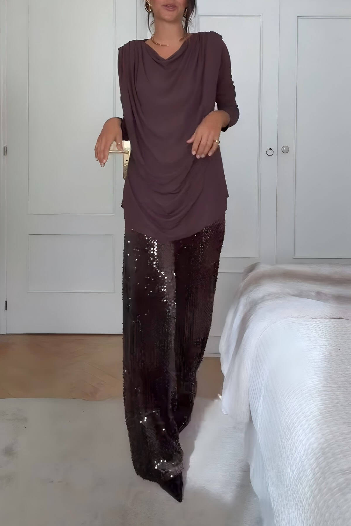 Unique Sparkling Rhinestone-Embellished Wide-Leg Jeans