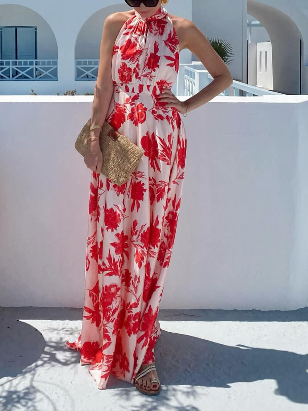 Exquisite Floral Print Waisted Holiday Maxi Dress
