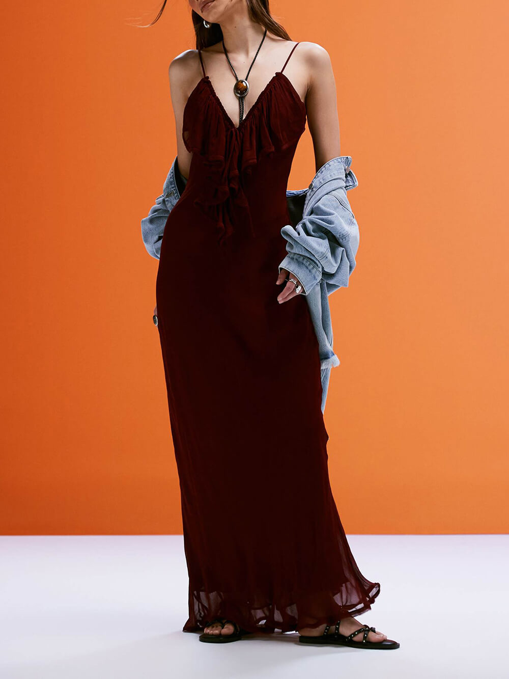 Exquisite Mango Ruffle Front Maxi Dress