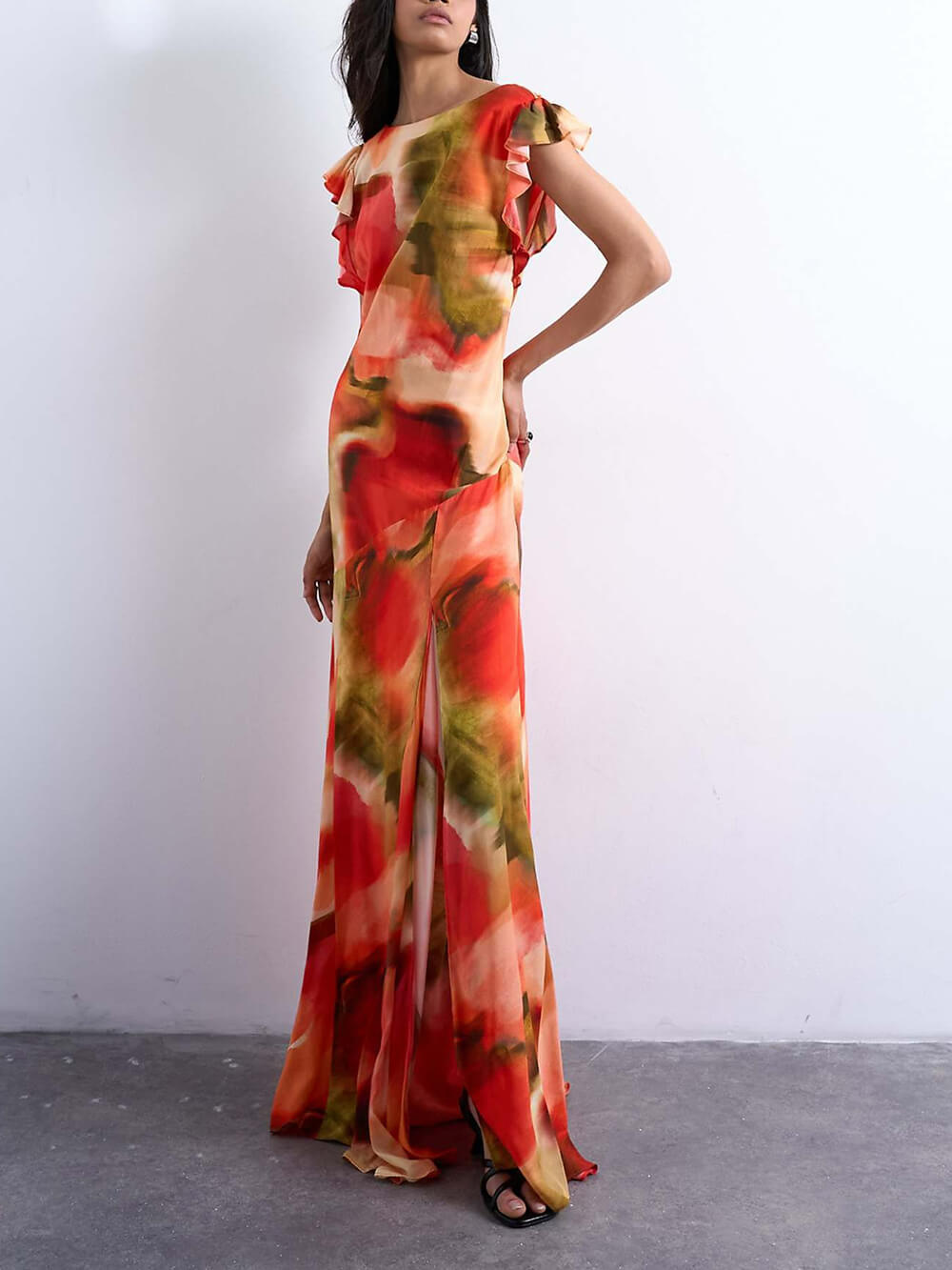 Unique Abstract Floral Print Draped Back Flowing Sleeves Maxi Dress
