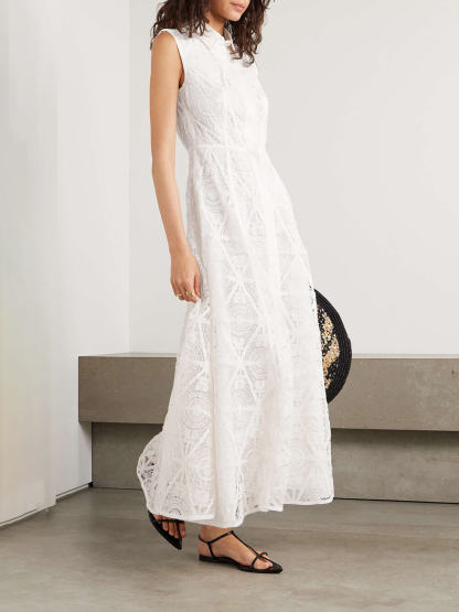 Exquisite Guipure Raised Floral Lace Maxi Shirt Dress
