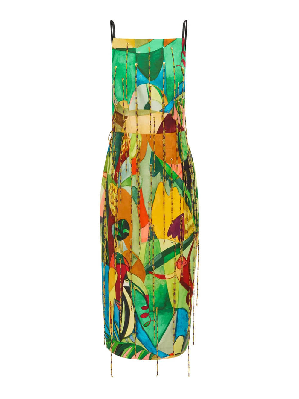 Exquisite Backless Printed Straight-Neck Fringe Midi Dress