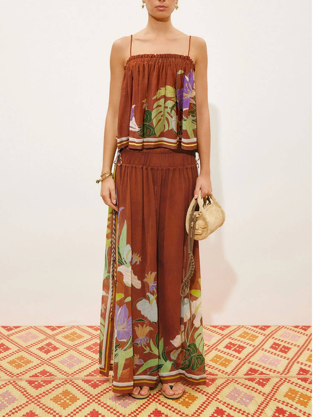 Exquisite Ruffled Adjustable Strap Camisole with Drawstring Slit Wide-Leg Pants Set