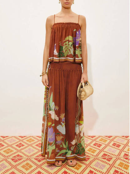 Exquisite Ruffled Adjustable Strap Camisole with Drawstring Slit Wide-Leg Pants Set