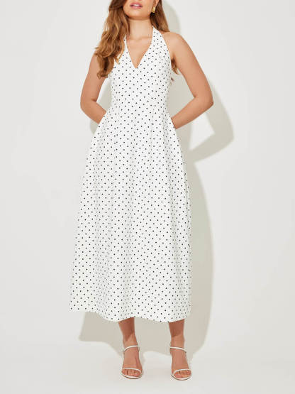 Classic Polka Dot Print Backless Tie Midi Dress