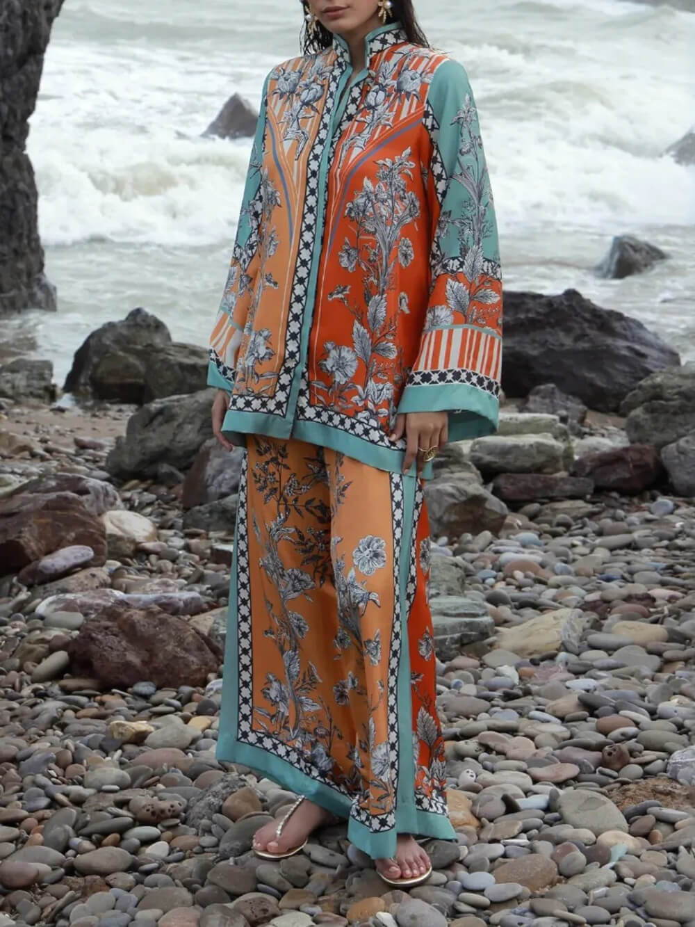 Exquisite Satin Floral Print Patchwork Elastic Waist Loose Pants