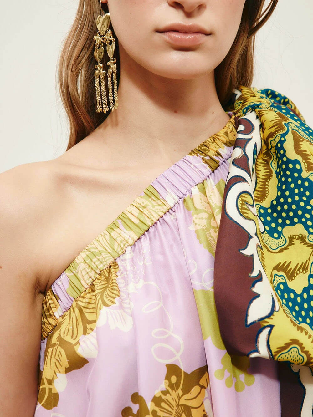 Modern One-Shoulder Printed Satin Bow Maxi Dress