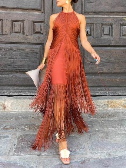 Fashion Elegant Sleeveless Halter Neck Tassel Slim Maxi Dress