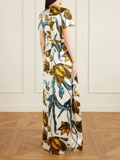Fashion Printed Satin Waist-Cinching Maxi Dress