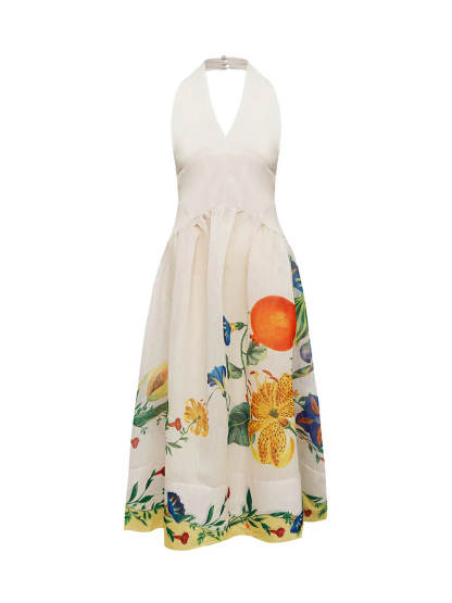 Elegant V-Neck Floral Print Halter Maxi Dress