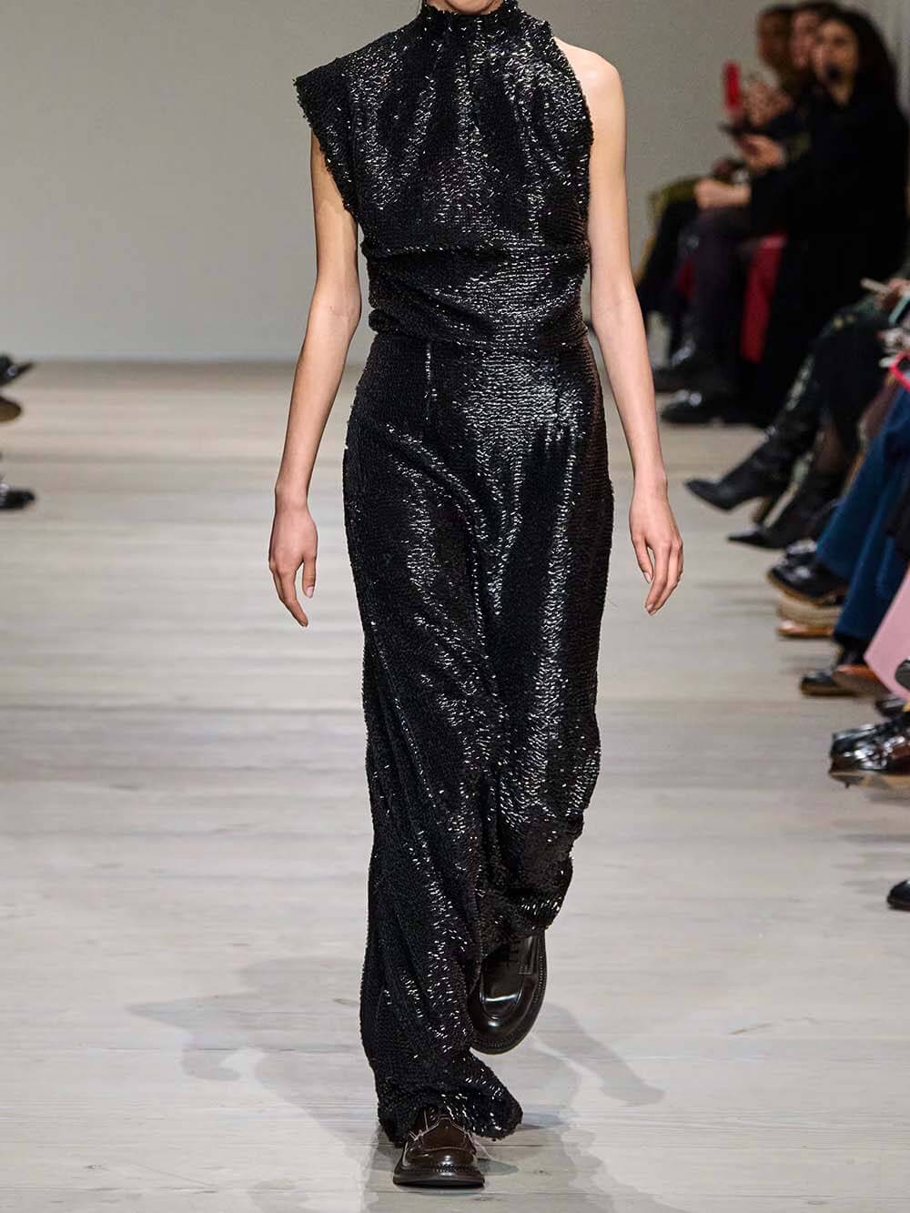 Sequined Draped Asymmetric Crepe Gown Maxi Dress