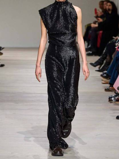 Sequined Draped Asymmetric Crepe Gown Maxi Dress