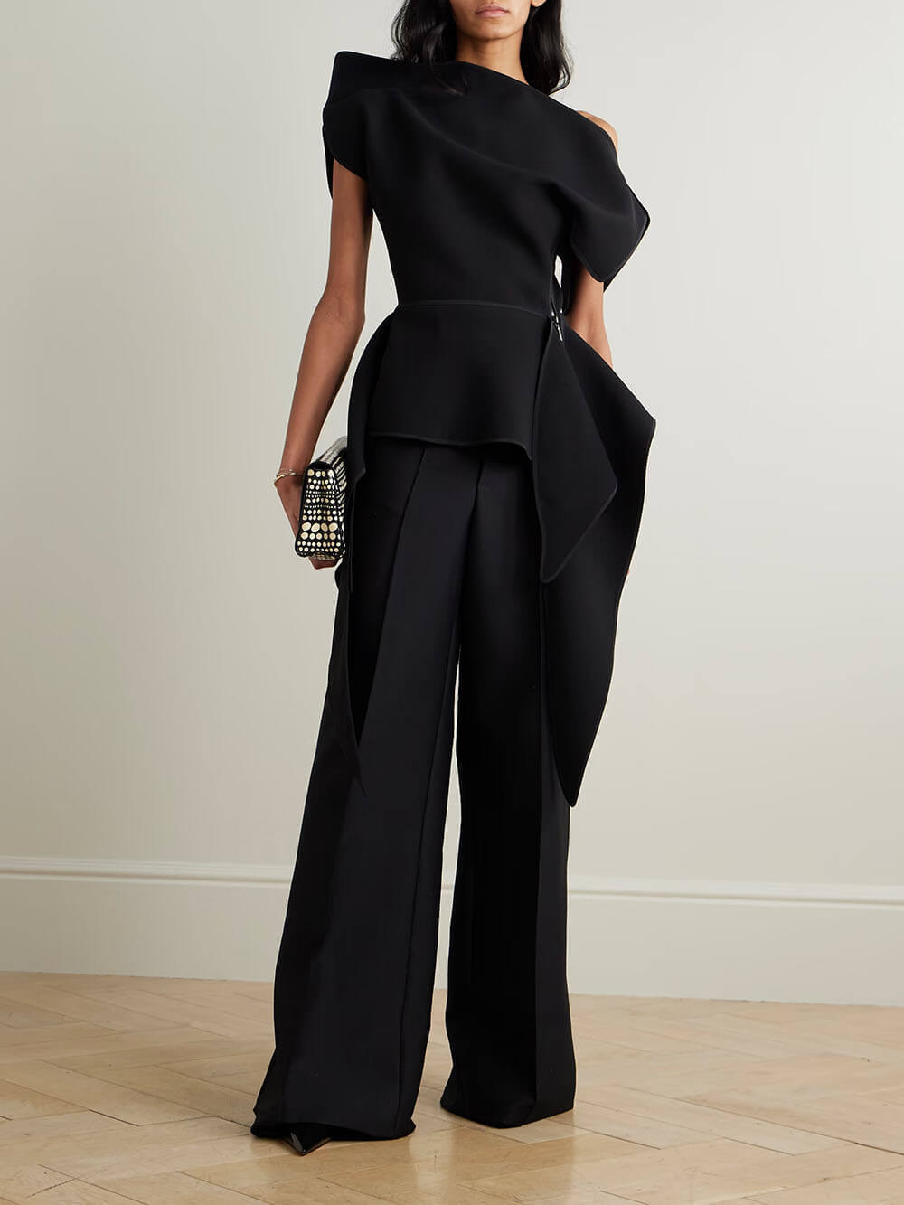 Unique Asymmetrical Ruffled Crepe Peplum Top