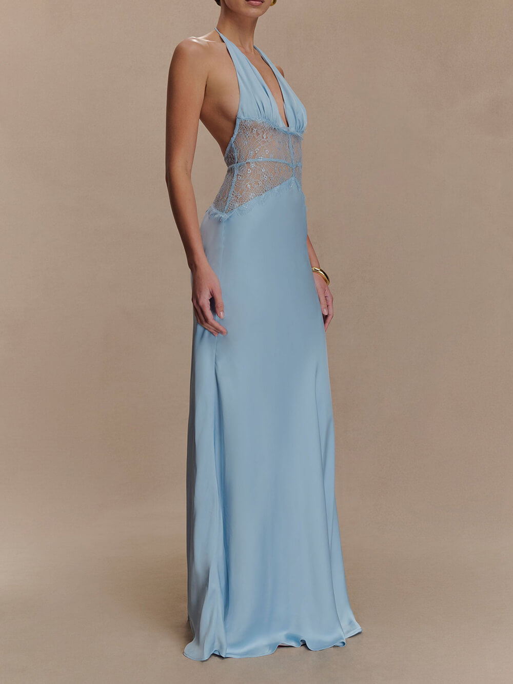 Elegant Lace-Panel V-Neck Lace-Up Satin Maxi Dress