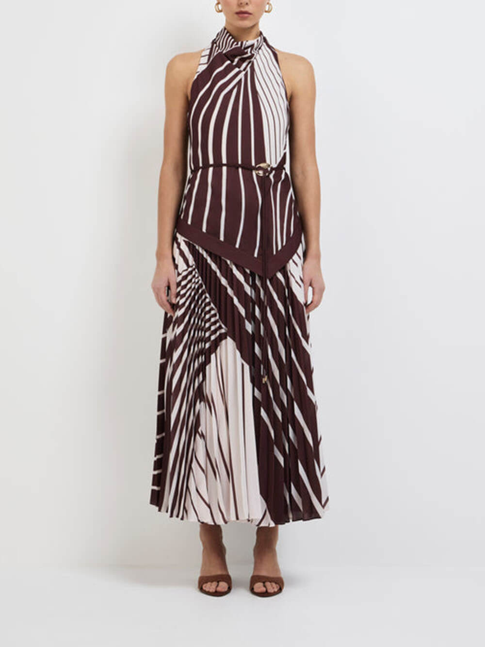 Elegant Striped Print Asymmetrical Hem Pleated Maxi Dress