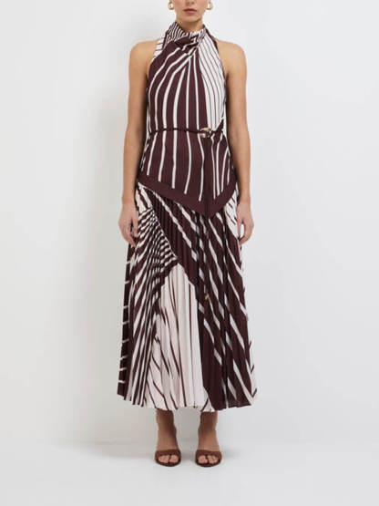 Elegant Striped Print Asymmetrical Hem Pleated Maxi Dress