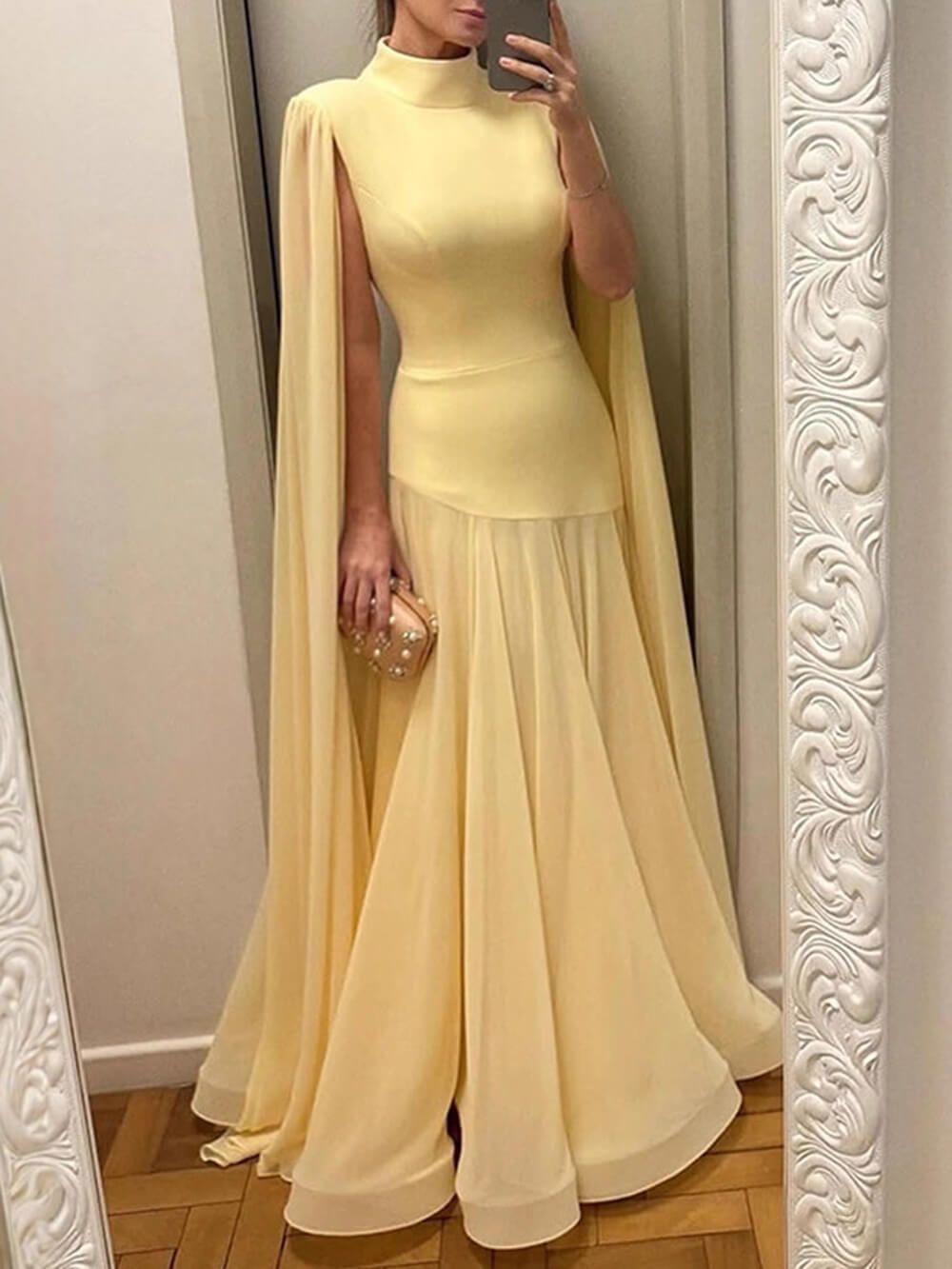 Elegant Mesh Panel Sleeveless Cape Maxi Dress