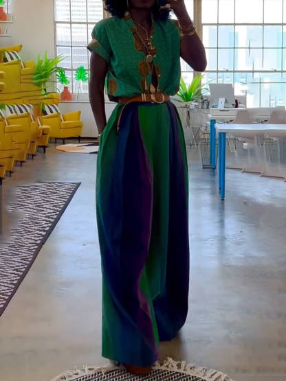 Retro Casual Crew Neck Colorblock Print Loose Top