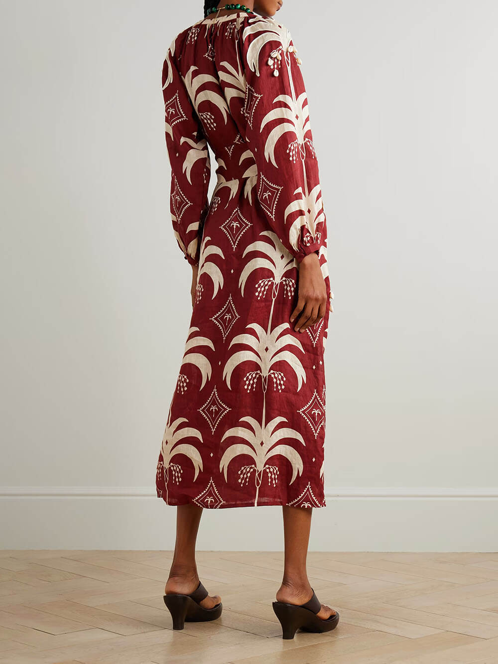 Retro Print Linen Tie-Waist Midi Dress
