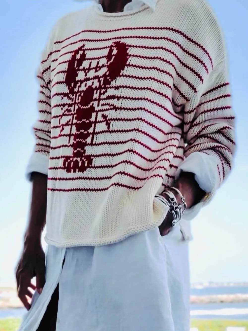 Retro Cream And Red Striped Lobster Sweater