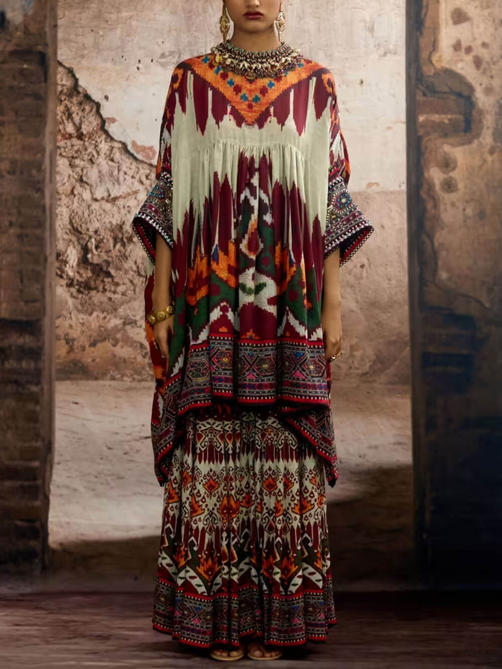Unique Ethnic Print Bell Sleeve Oversized Long Shirt