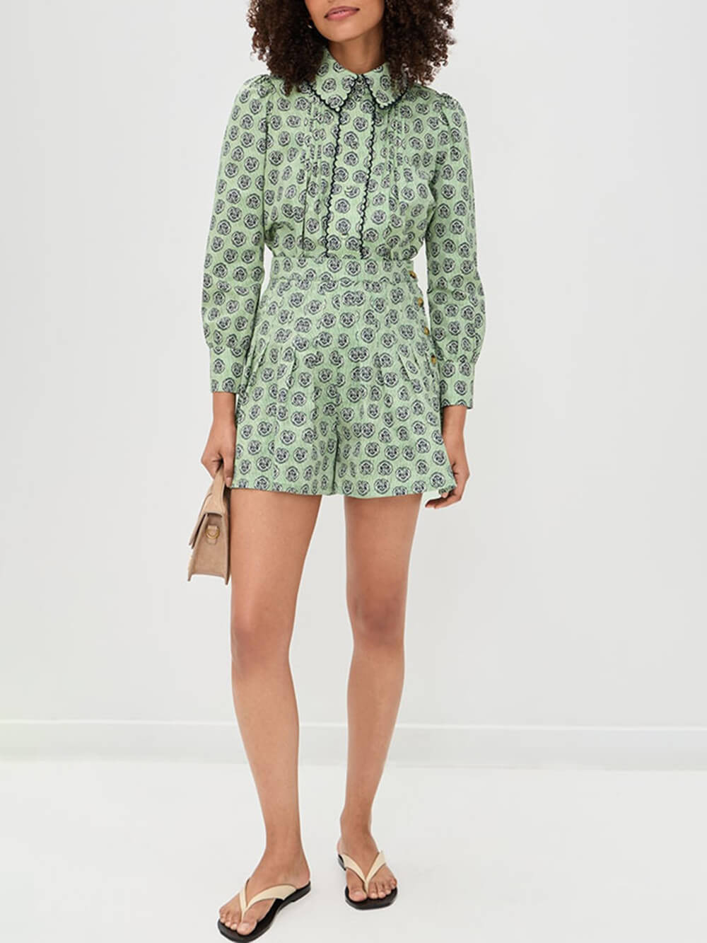 Retro Print Collared Long-Sleeve Shirt and High-Waisted Shorts Set