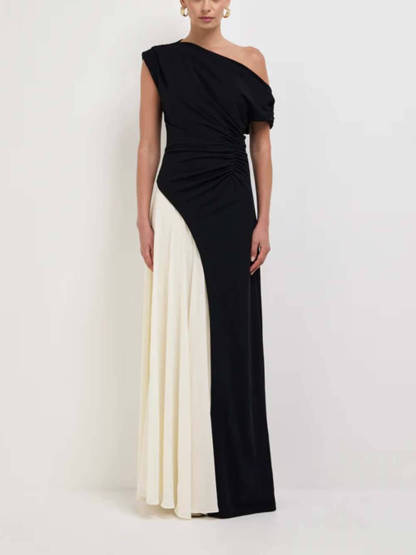 Elegant Asymmetric Off-Shoulder Pleated Maxi Dress