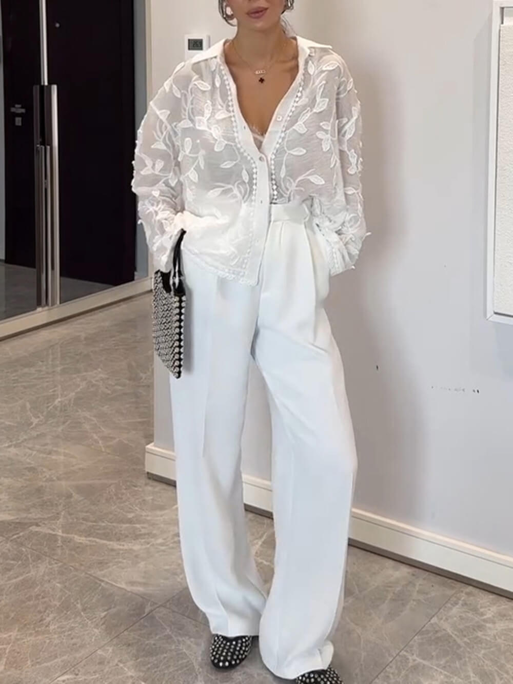 Exquisite Lapel Long Sleeves Embroidered Loose Top