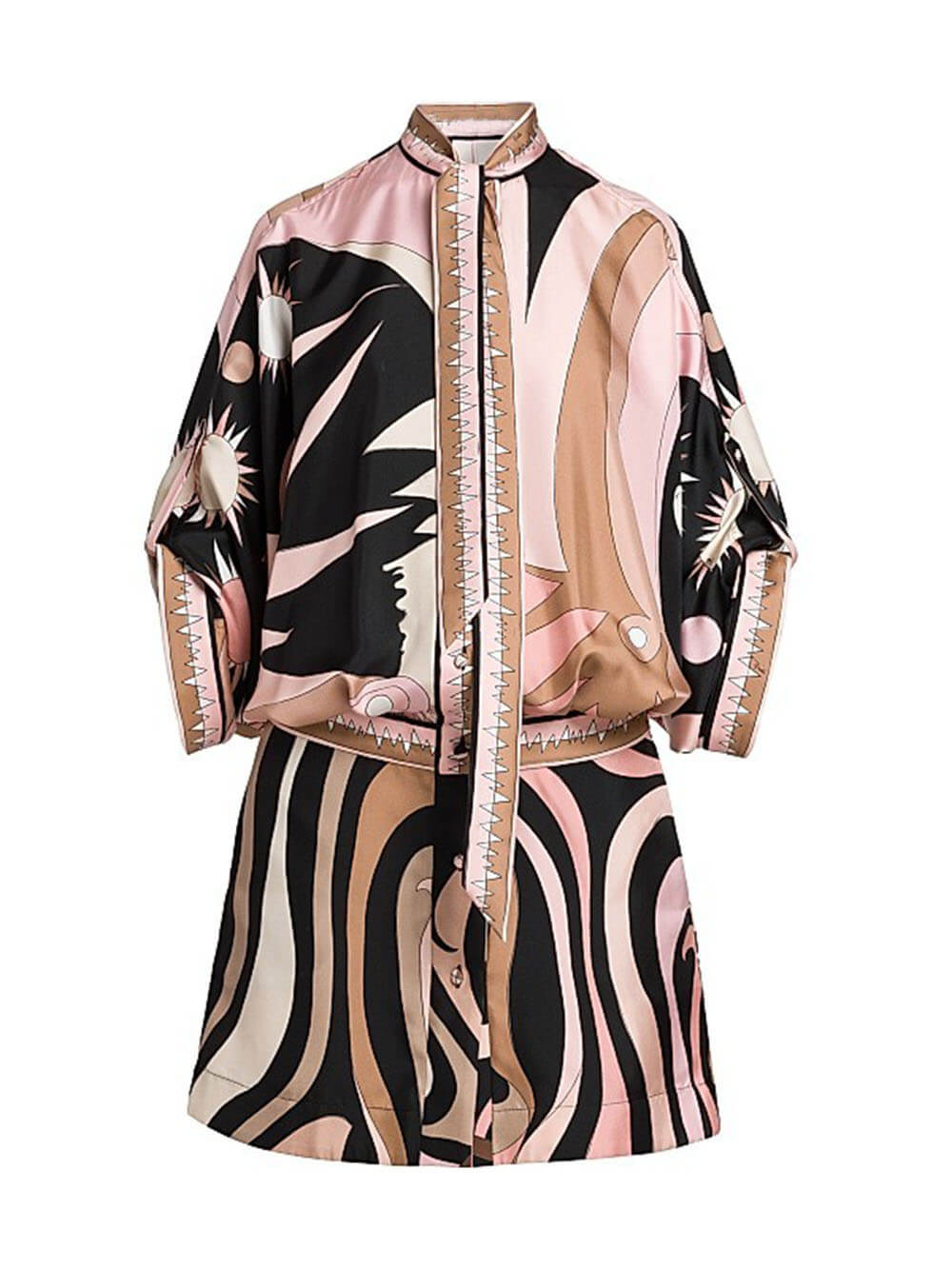 Unique Printed Batwing Sleeve Button-Front Twill Shirt Mini Dress