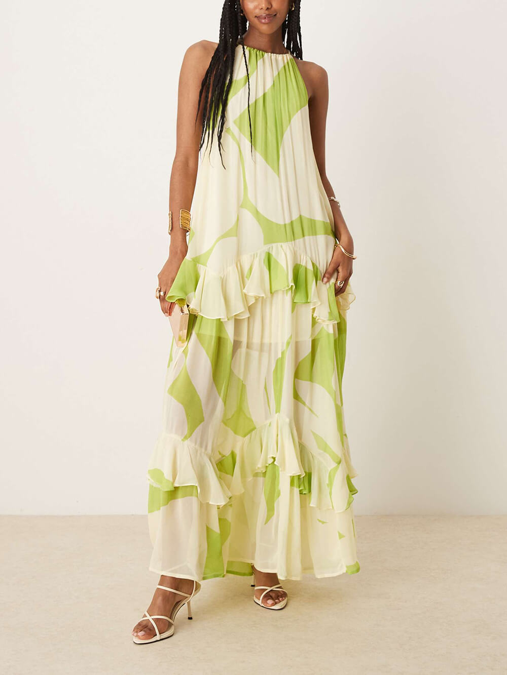 Exquisite Abstract Print Backless Tiered Ruffle Maxi Dress