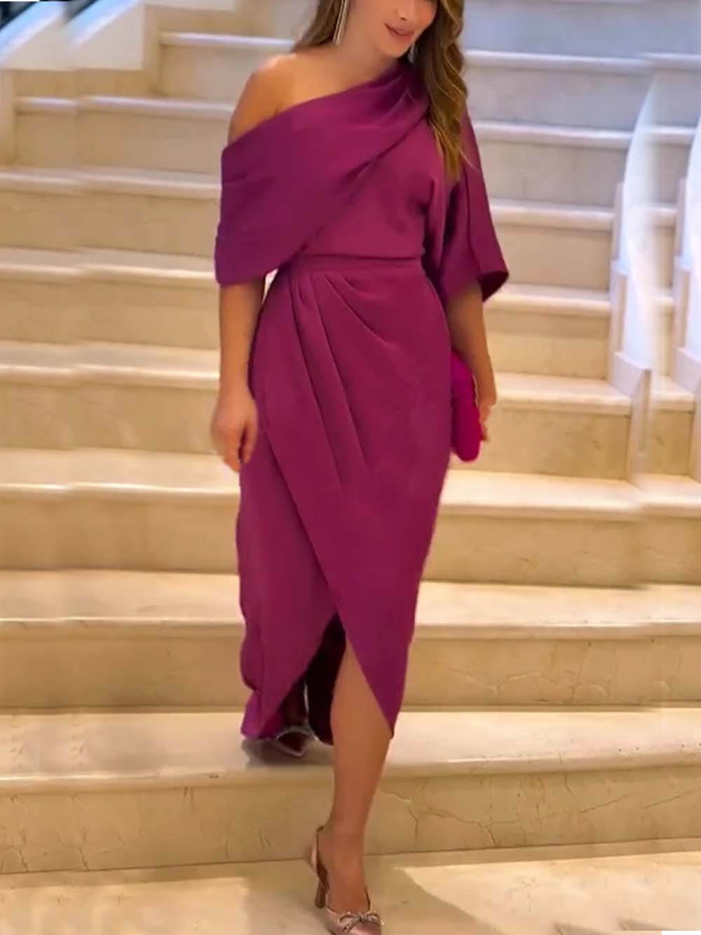 Exquisite Satin Irregular Lapel Neckline Design Ruched Maxi Dress