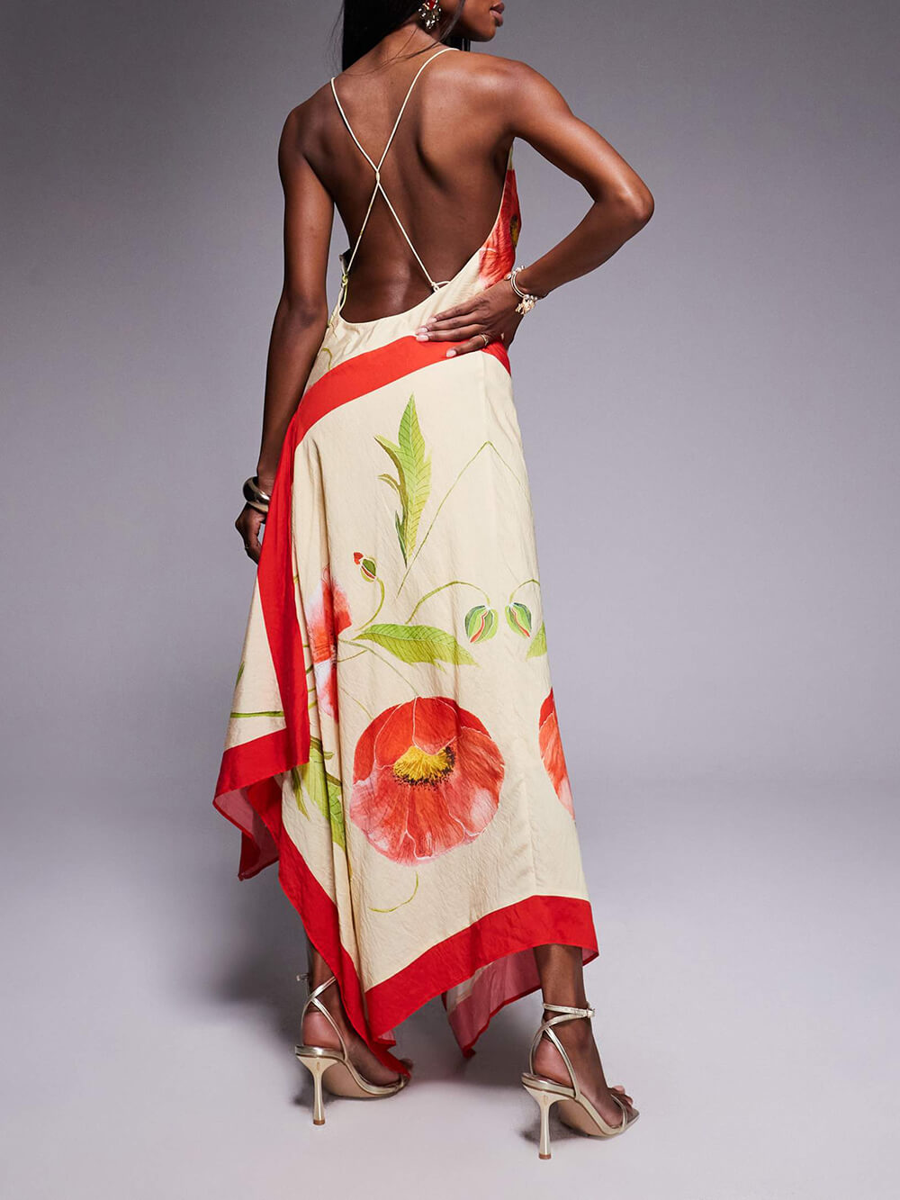 Elegant Unique Print Deep Pleated Asymmetric Backless Maxi Dress