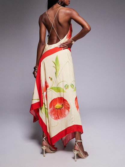Elegant Unique Print Deep Pleated Asymmetric Backless Maxi Dress