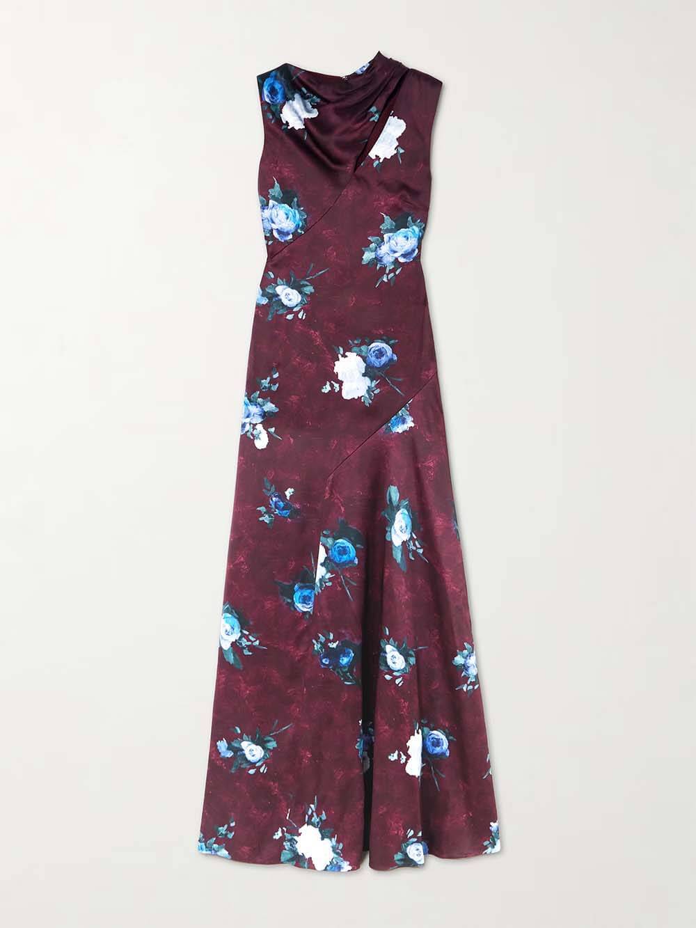 Asymmetrical Floral-Print Satin Maxi Dress