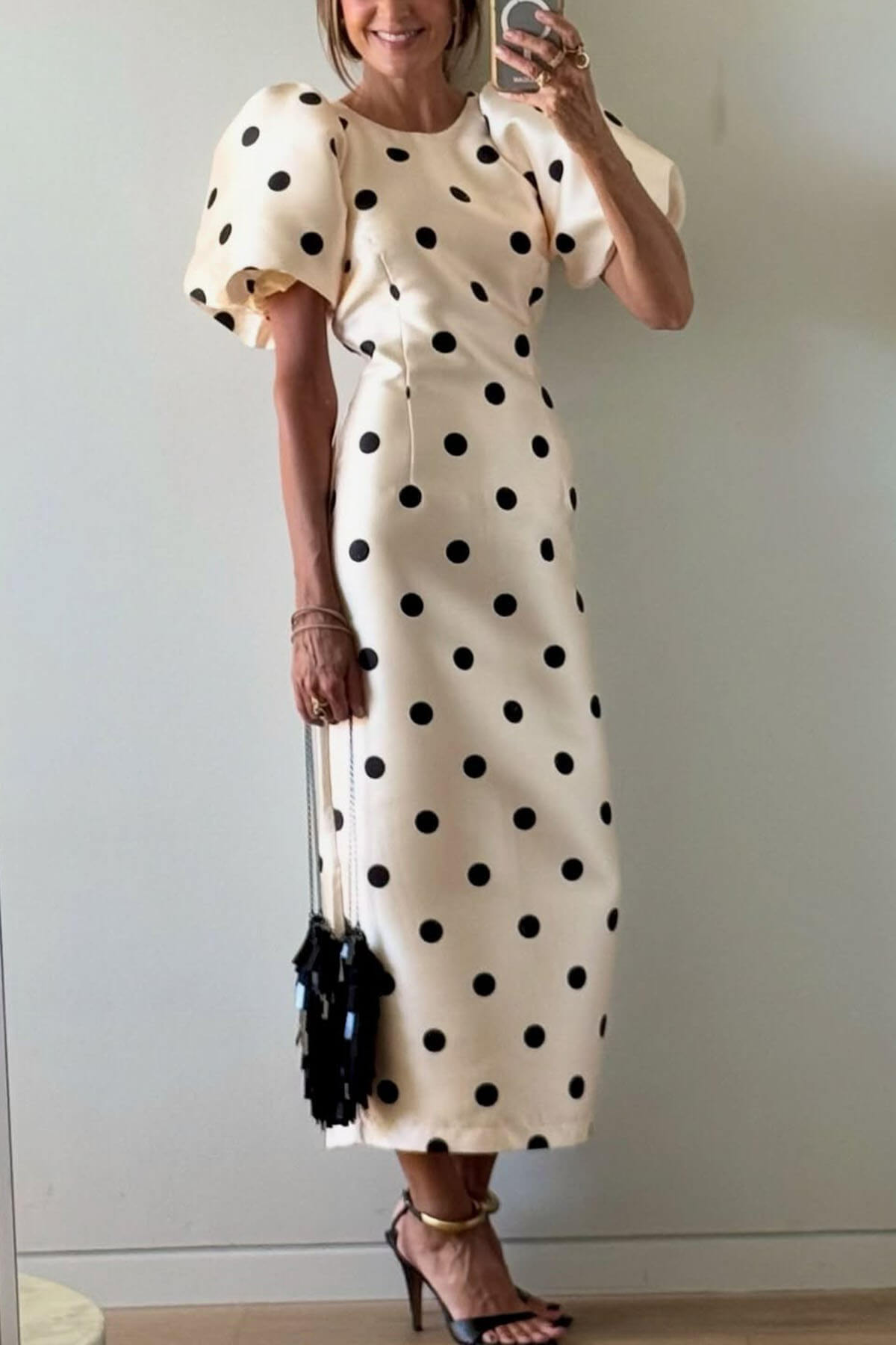 Delicate Polka Dot Print Puff Sleeve Waist-Defined Maxi Dress