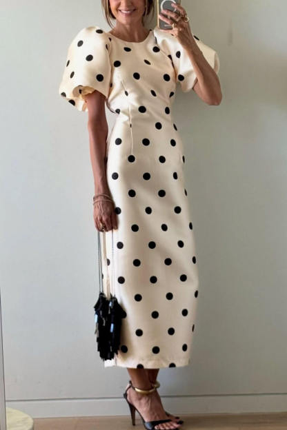 Delicate Polka Dot Print Puff Sleeve Waist-Defined Maxi Dress