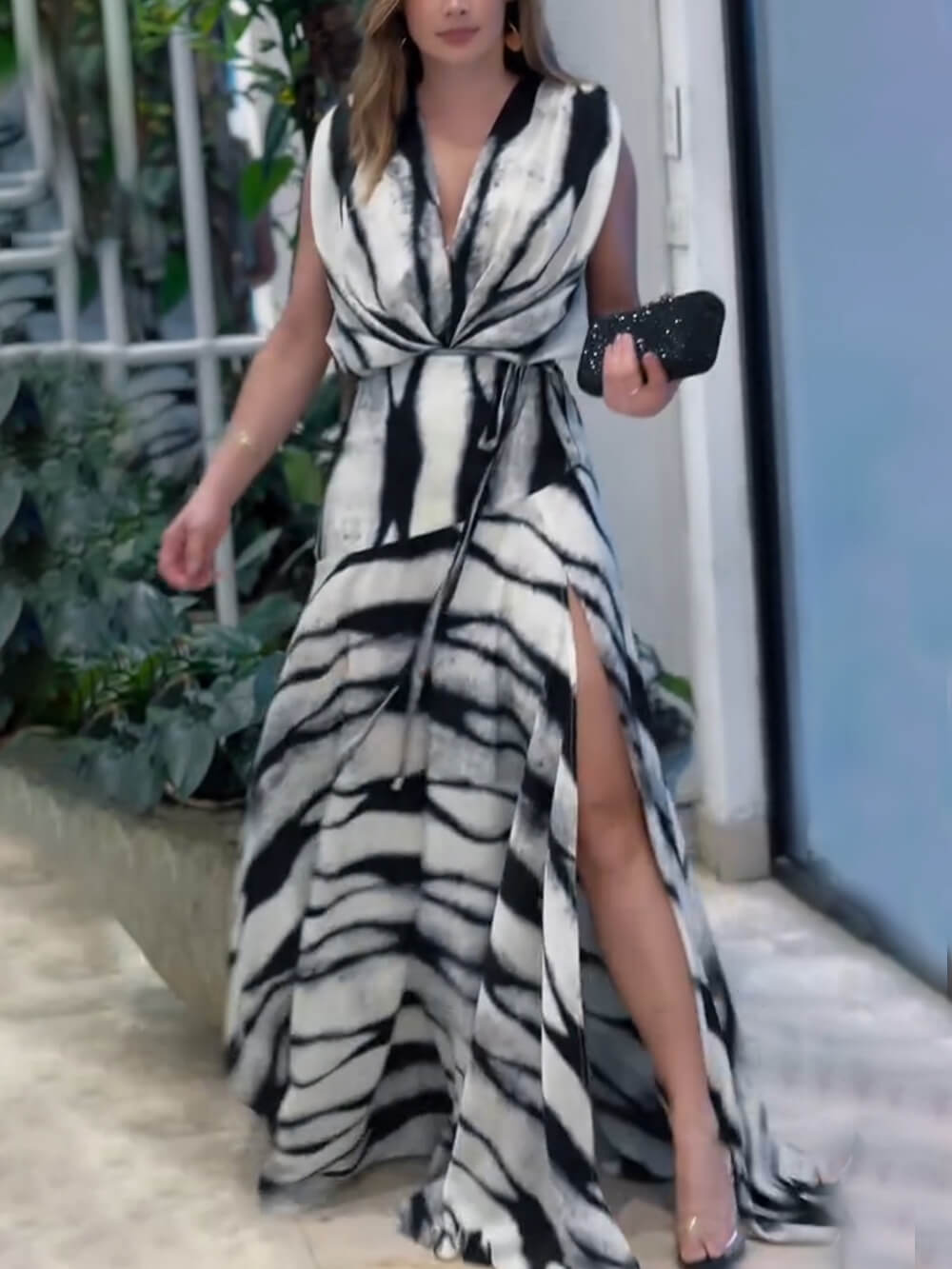 Elegant V-neck Print Slit Casual Maxi Dress