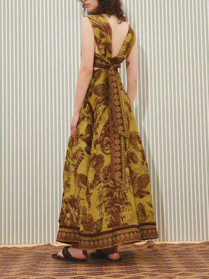 Delicate Printed Cut-Out Patchwork Knit Maxi Dress