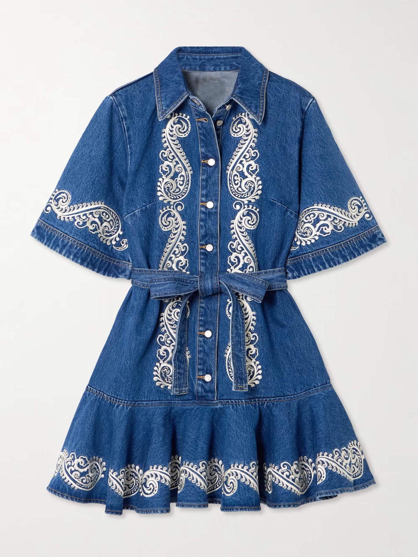 Classic Belted Ruffle Hem Denim Mini Dress
