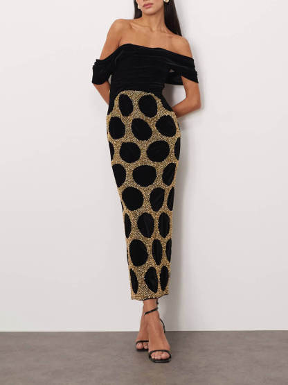 Elegant Black Draped Off-Shoulder Polka Dot Midi Dress