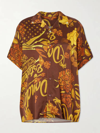 Unique Printed Satin Button-Down Loose Shirt