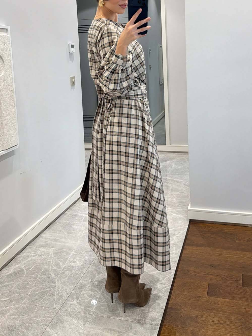 Retro Plaid Print Belted Midi Dress