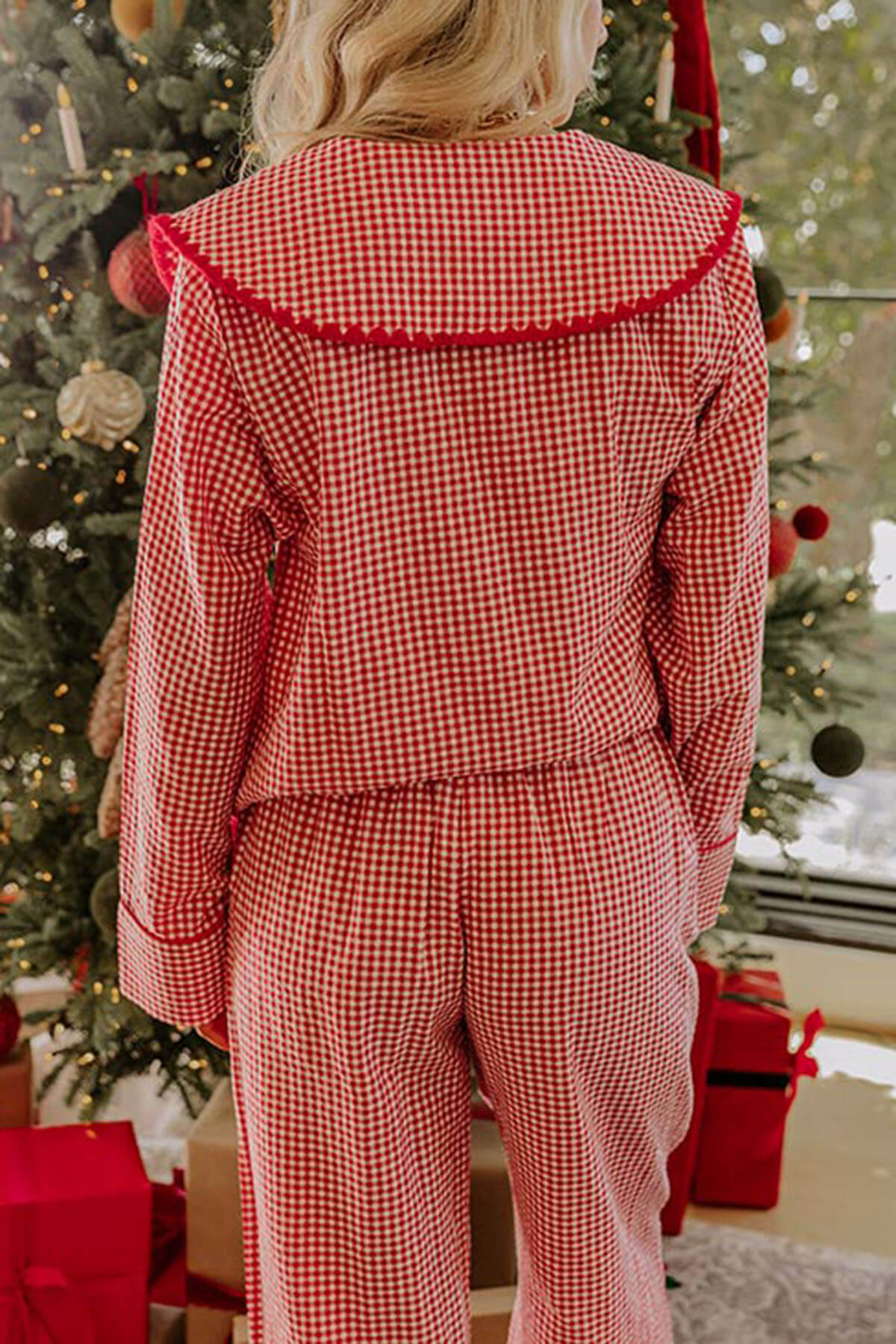 Christmas Nutcracker Charm Embroidered Gingham Loose Shirt and Elastic Waist Pajama Set