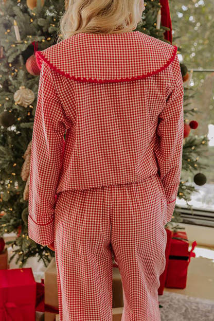 Christmas Nutcracker Charm Embroidered Gingham Loose Shirt and Elastic Waist Pajama Set