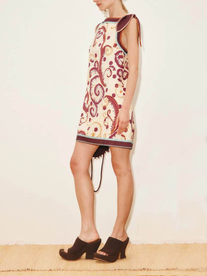 Classic Palelis Print Straight Neck Tie-Waist Mini Dress