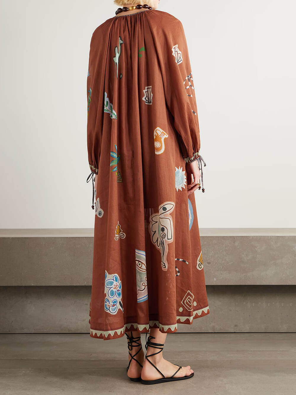 Retro Floral Print Linen-Cotton Blend Midi Dress