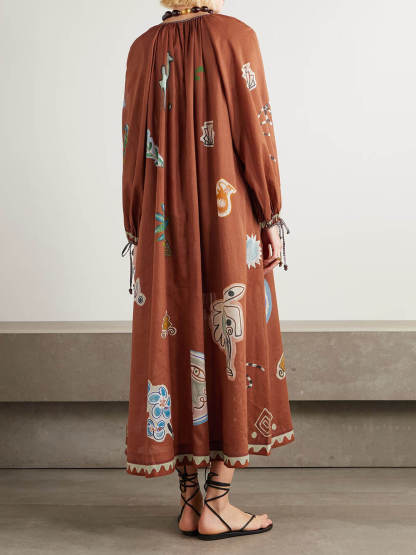 Retro Floral Print Linen-Cotton Blend Midi Dress