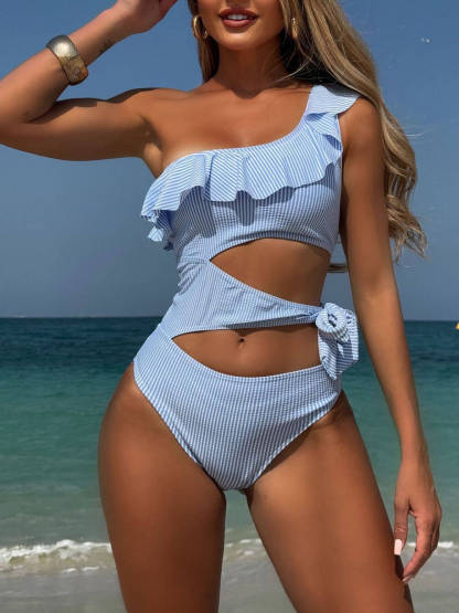 Sexy Striped Print Ruffled Cutout Tie-Waist One-Piece Swimsuit